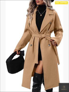 Elegant Double Breasted Trench Coat Wool Pea Coat Notch Lapel Belted Classic